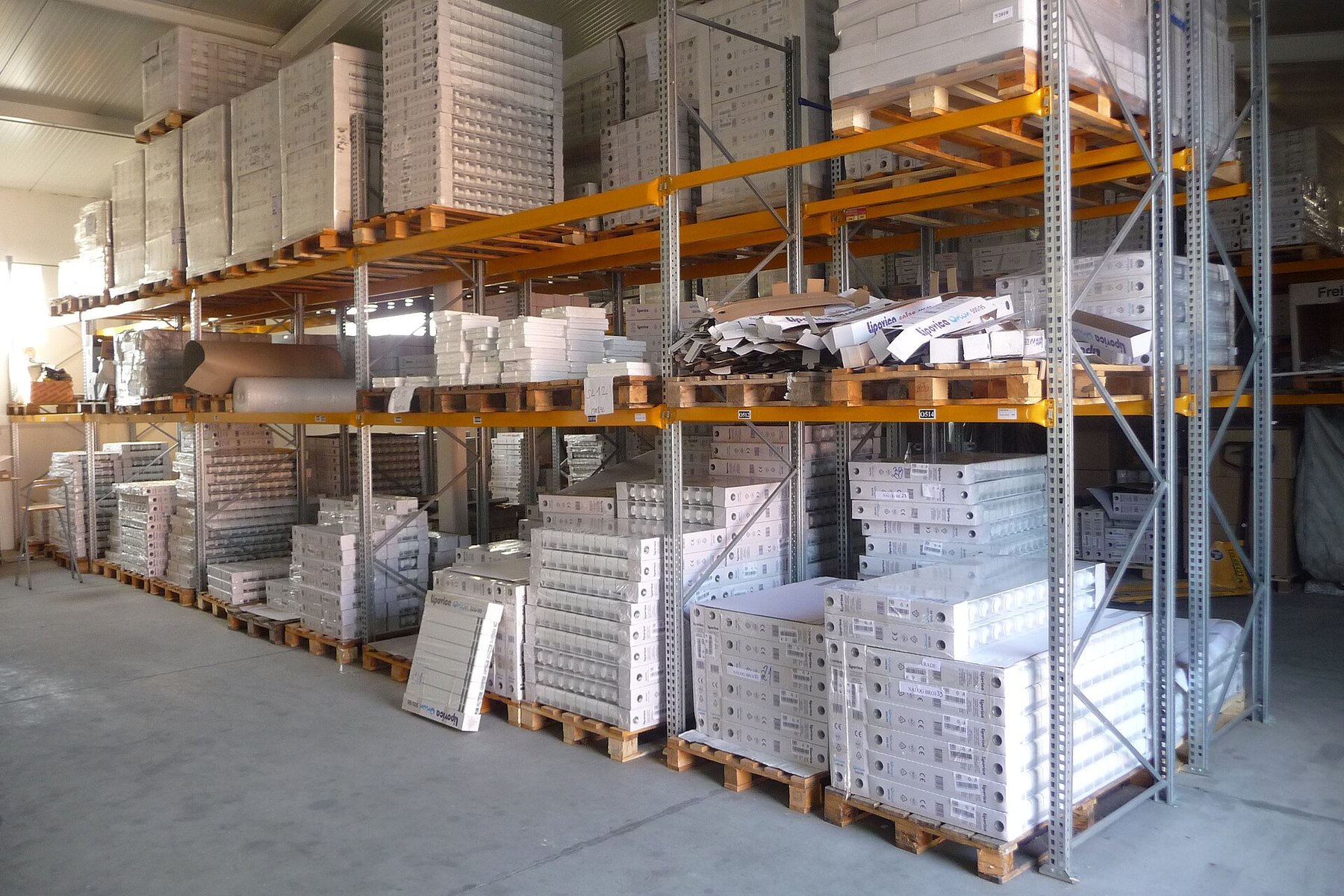 Goods stored on industrial warehouse shelving